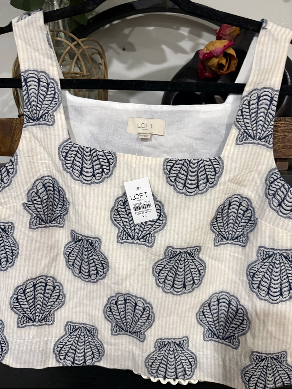 LOFT Outlet Seashell Print Crop Tank Top XS Coastal Embroidered - Picture 3 of 6
